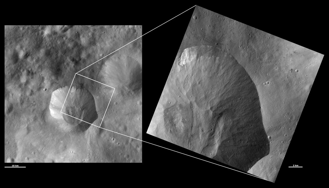 These images from NASA Dawn spacecraft are located in asteroid Vesta Numisia quadrangle, in Vesta southern hemisphere. fine-scale structure of the slumping-related features on Drusilla sloping sides.