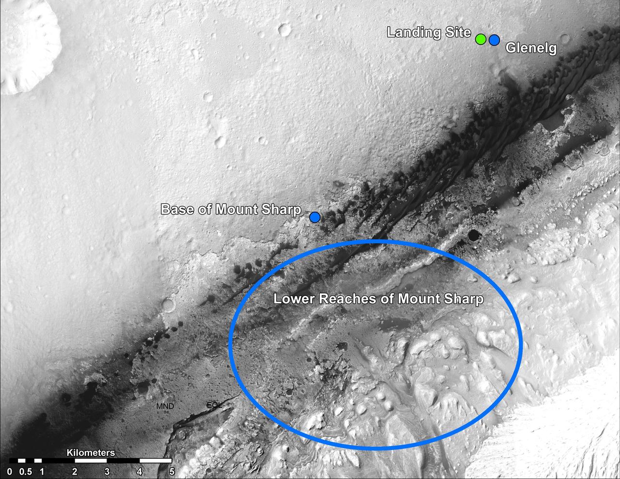 This image shows the landing site of NASA Curiosity rover and destinations scientists want to investigate. Curiosity landed inside Gale Crater on Mars on Aug. 5 PDT Aug. 6 EDT at the green dot, within the Yellowknife quadrangle.
