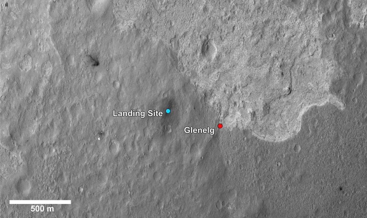 This image shows a closer view of the landing site of NASA Curiosity rover and a destination nearby known as Glenelg. Curiosity landed inside Gale Crater on Mars on Aug. 5 PDT Aug. 6 EDT at the blue dot.