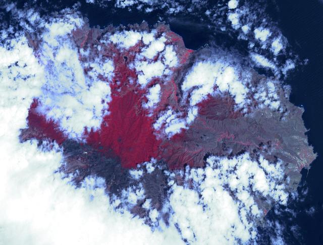 NASA Terra spacecraft acquired this image, a birdseye view of the Canary Islands wildfire, on Aug. 17, 2012. The main town of San Sebastian can be seen on the eastern shore of the island.