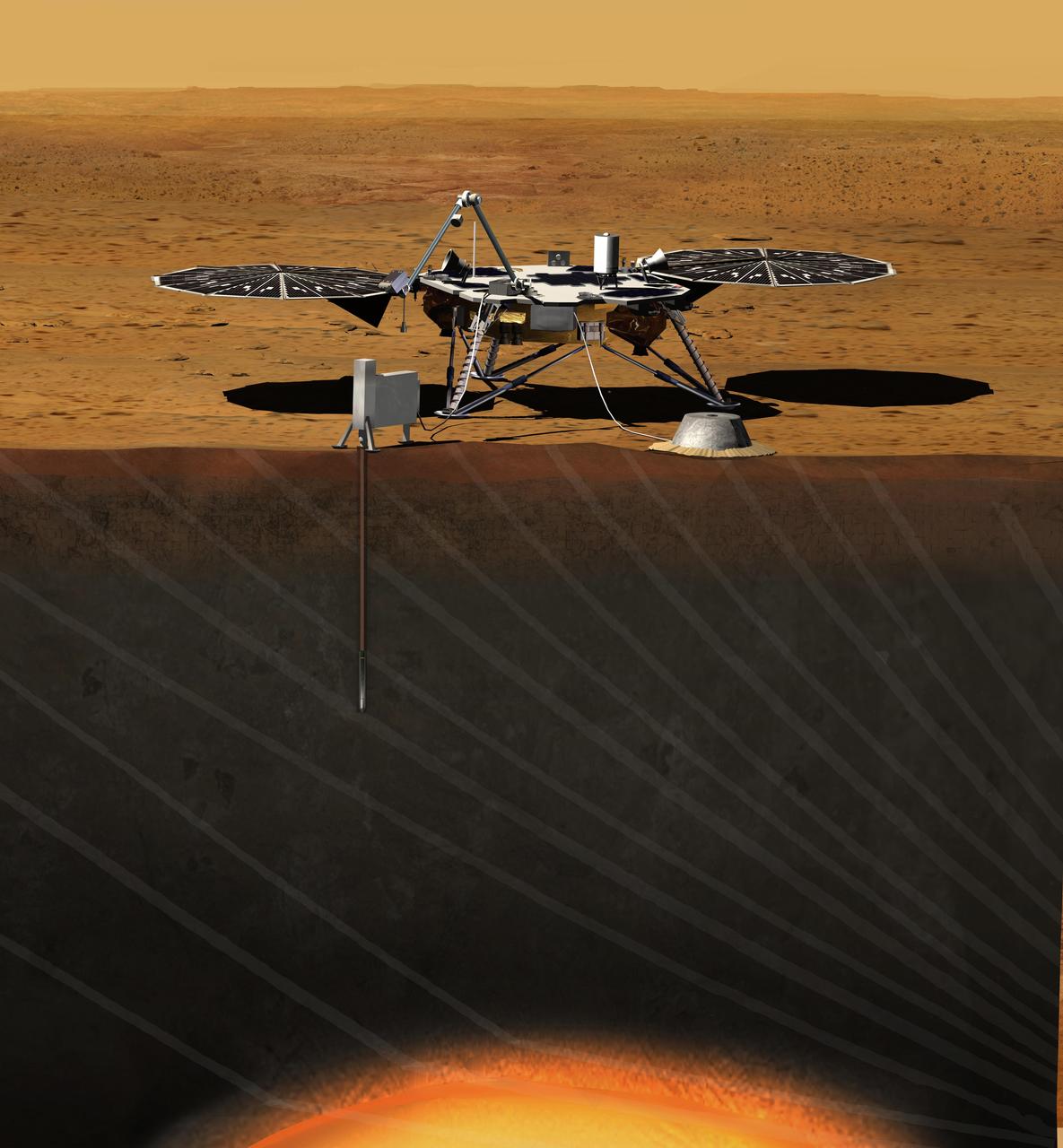 Artist rendition of the InSight (Interior exploration using Seismic Investigations, Geodesy and Heat Transport) Lander. InSight is based on the proven Phoenix Mars spacecraft and lander design with state-of-the-art avionics from the Mars Reconnaissance Orbiter and Gravity Recovery and Interior Laboratory missions. Note: After thorough examination, NASA managers have decided to suspend the planned March 2016 launch of the Interior Exploration using Seismic Investigations Geodesy and Heat Transport (InSight) mission. The decision follows unsuccessful attempts to repair a leak in a section of the prime instrument in the science payload. http://photojournal.jpl.nasa.gov/catalog/PIA16079