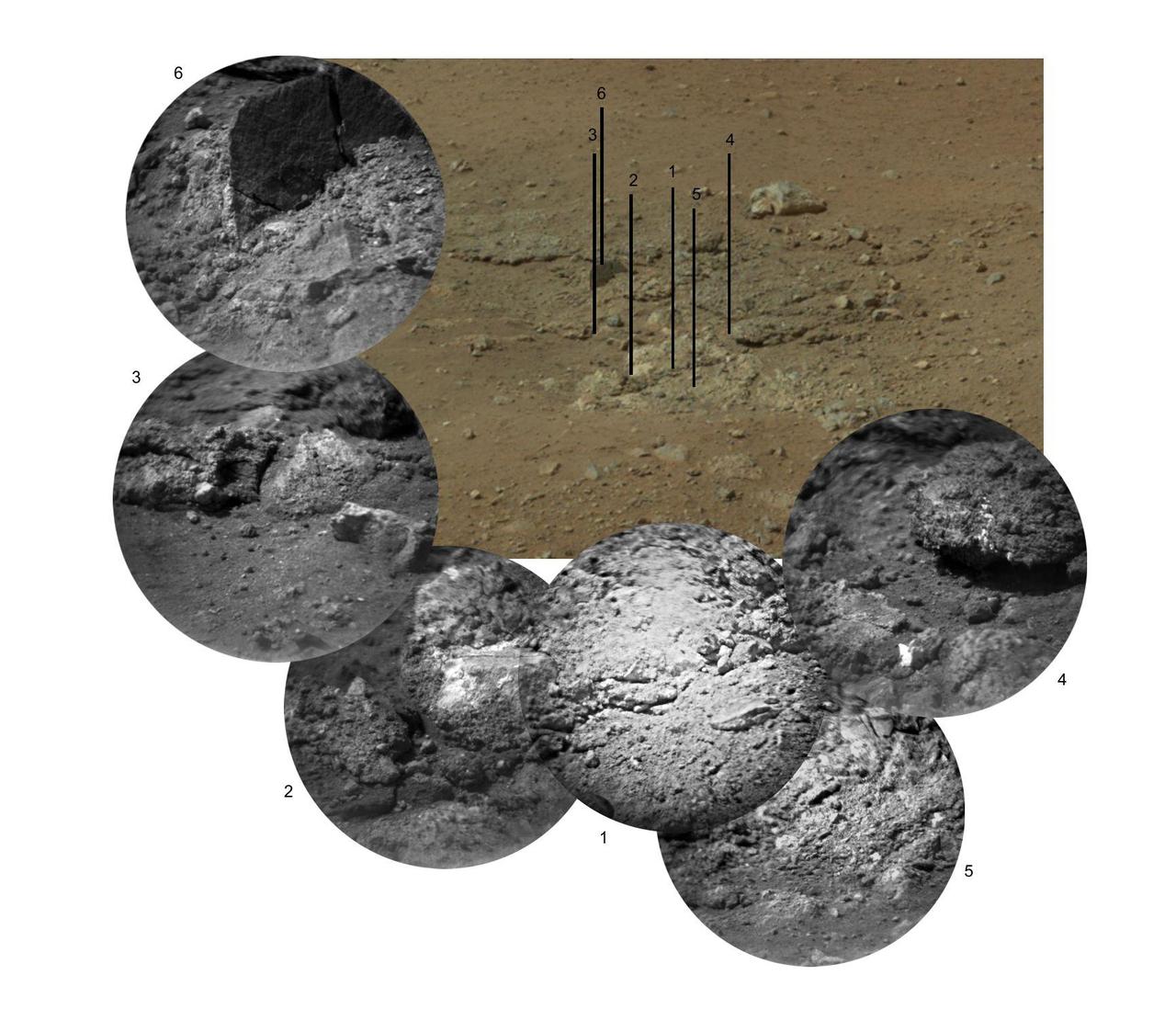 This photo mosaic shows the scour mark, dubbed Goulburn, left by the thrusters on the sky crane that helped lower NASA Curiosity rover to the Red Planet.