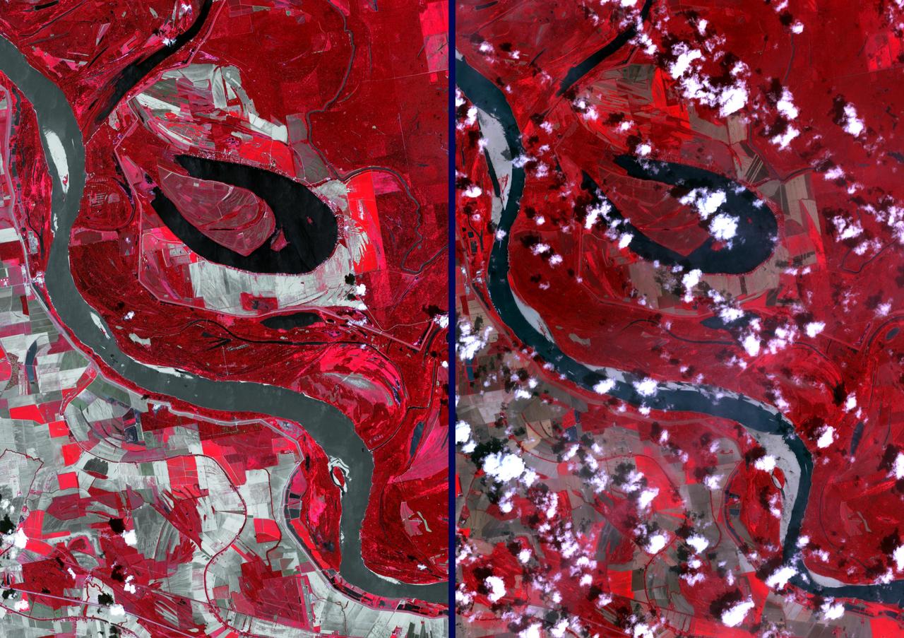 NASA Terra spacecraft acquired this image on Aug. 24, 2012, 13 miles 20 kilometers north of Vicksburg, Miss., as drought continued to afflict the U.S. Midwest, water levels of the Mississippi River approached historic lows.