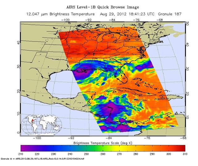 Strong tropical storm Isaac continues to create havoc across the Gulf Coast, from eastern Texas to Florida. This infrared image from NASA Aqua spacecraft, was acquired at 2:41 p.m. CDT on Aug. 29, 2012.