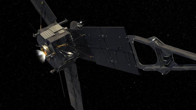 This computer-generated image depicts NASA Juno spacecraft firing its Leros-1b main engine.