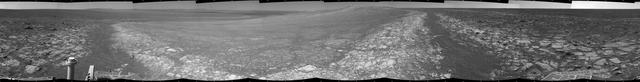 This 3D 360-degree panorama assembled from images taken by the navigation camera on NASA Mars Exporation Rover Opportunity. The Sol 3000 site is near the northern tip of the Cape York segment of the western rim of Endeavour Crater.