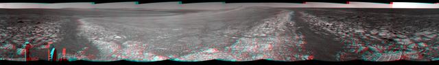 This 360-degree stereo panorama assembled from images taken by the navigation camera on NASA Mars Exporation Rover Opportunity shows terrain surrounding the position where the rover spent its 3,000th Martian day working on Mars July 2, 2012.