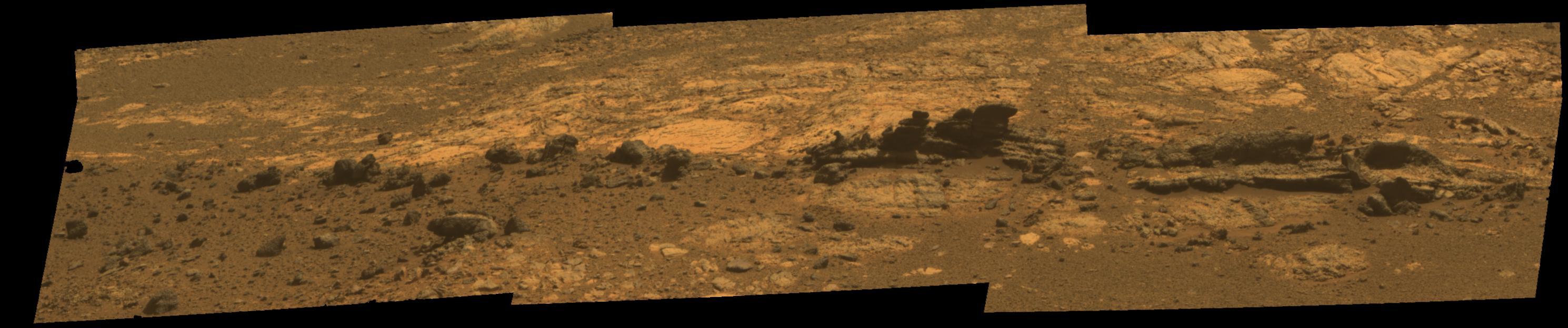Rock fins up to about 1 foot 30 centimeters tall dominate this approximate true color scene from the panoramic camera Pancam on NASA Mars Exploration Rover Opportunity.