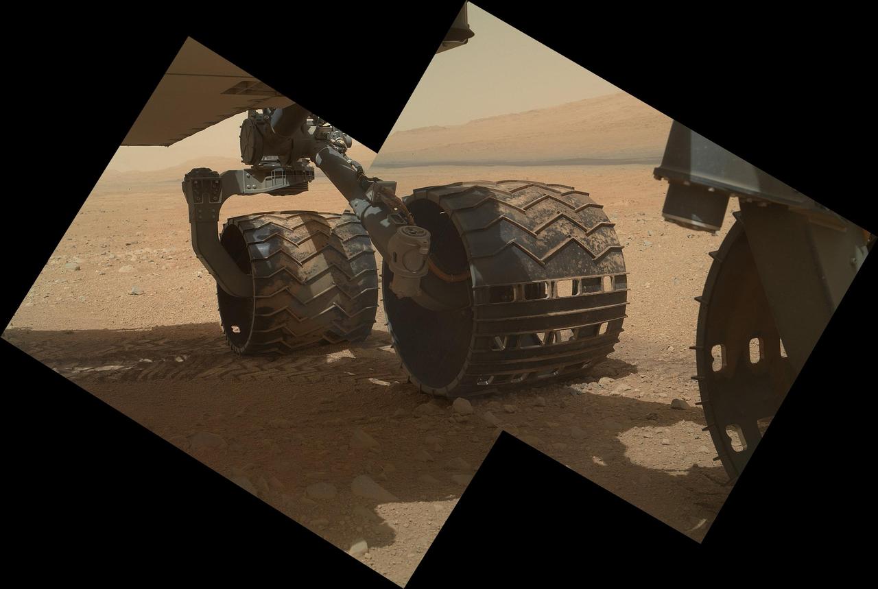 This view of the three left wheels of NASA Mars rover Curiosity combines two images that were taken by the rover Mars Hand Lens Imager MAHLI during the 34th Martian day, or sol, on Mars Sept. 9, 2012.