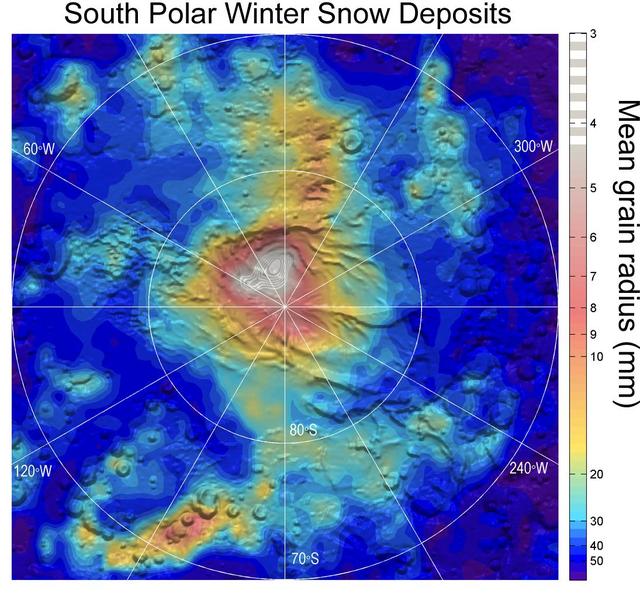 Observations by NASA Mars Reconnaissance Orbiter have detected carbon-dioxide snow clouds on Mars and evidence of carbon-dioxide snow falling to the surface.