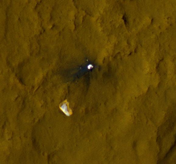 This color view of the parachute and back shell that helped deliver NASA Curiosity rover to the surface of the Red Planet was taken by the High-HiRISE camera on NASA Mars Reconnaissance Orbiter.