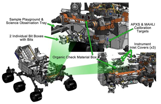 This engineering drawing shows various components needed to support tools at the end of the arm on NASA Curiosity rover, including: calibration targets for helping instruments set their baseline levels.