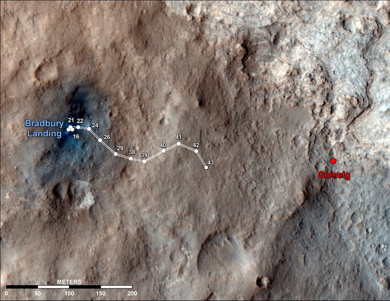 This map shows the route driven by NASA Mars rover Curiosity through the 43rd Martian day, or sol, of the rover mission on Mars Sept. 19, 2012. The route starts where the rover touched down, a site subsequently named Bradbury Landing.