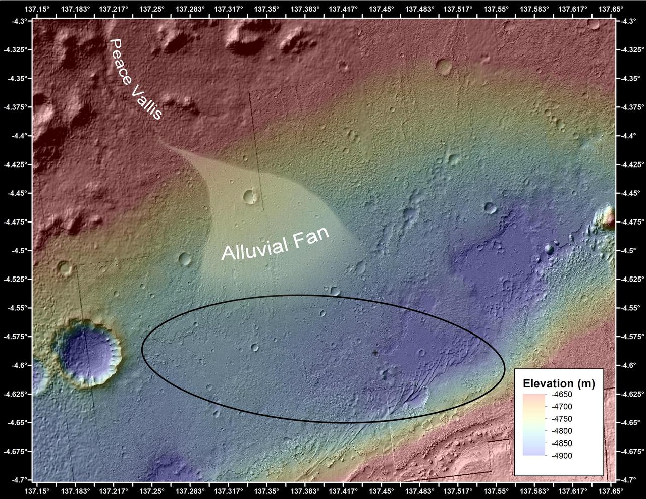 This image shows the topography, with shading added, around the area where NASA Curiosity rover landed. An alluvial fan, or fan-shaped deposit where debris spreads out downslope, has been highlighted in lighter colors for better viewing.
