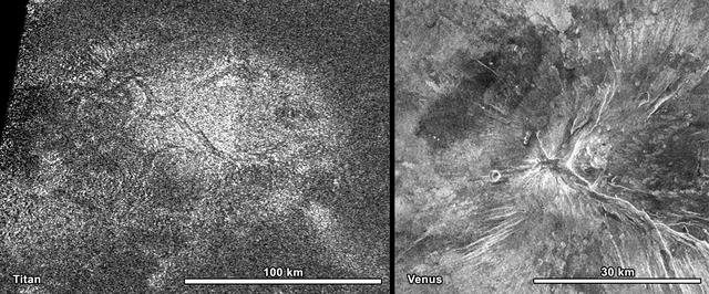 NASA Cassini spacecraft obtained this image of a feature shaped like a hot cross bun in the northern region of Titan left that bears a striking resemblance to a similar feature on Venus right.