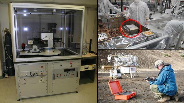 A conventional X-ray diffraction instrument left is the size of a large refrigerator, in contrast to the compact size of the Chemistry and Mineralogy CheMin instrument on NASA Curiosity rover top right.