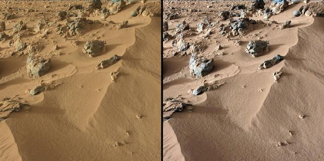 This pair of images from the Mast Camera on NASA Curiosity rover shows the upper portion of a wind-blown deposit dubbed Rocknest. At left, colors are unmodified, showing the scene as it would appear on Mars, which has a dusty red-colored atmosphere.
