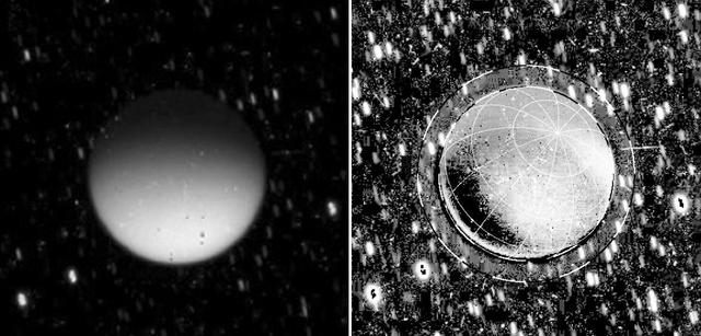 This set of images from NASA Cassini spacecraft shows Saturn moon Titan glowing in the dark. Titan was behind Saturn at the time, in eclipse from the sun.