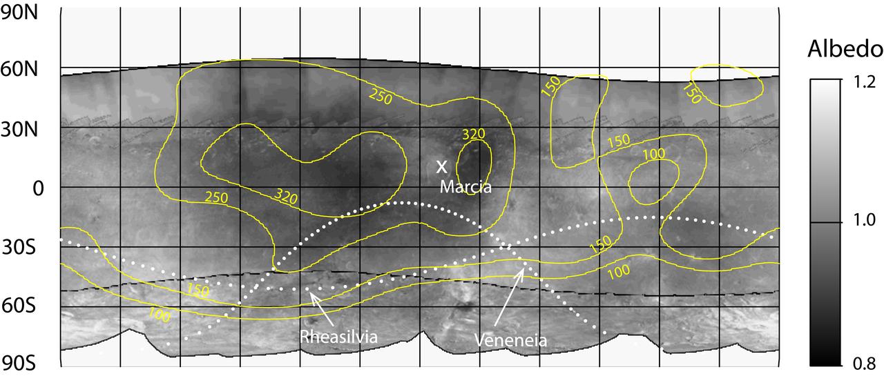 Hydrogen is most abundant in areas with low reflectivity, or albedo, on the giant asteroid Vesta, as shown in this contour map from NASA Dawn mission.