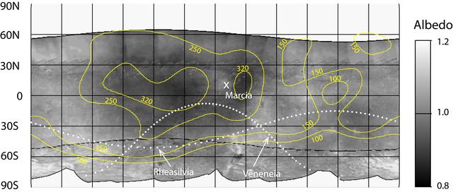 NASA image: Contour Map of Hydrogen on Vesta