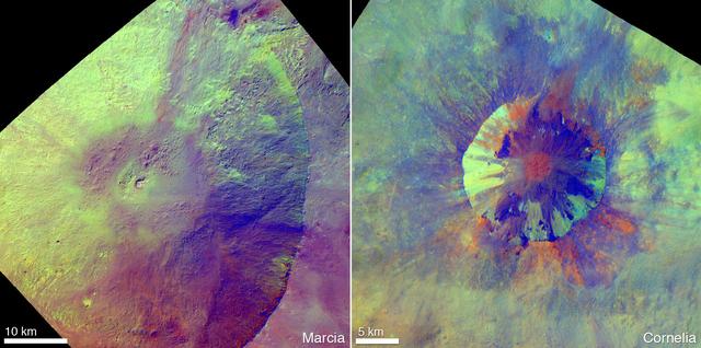 These enhanced-color views from NASA Dawn mission show an unusual pitted terrain on the floors of the craters named Marcia left and Cornelia right on the giant asteroid Vesta.