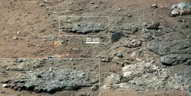 This image from NASA Curiosity Rover shows a high-resolution view of an area that is known as Goulburn Scour, a set of rocks blasted by the engines of Curiosity descent stage on Mars.