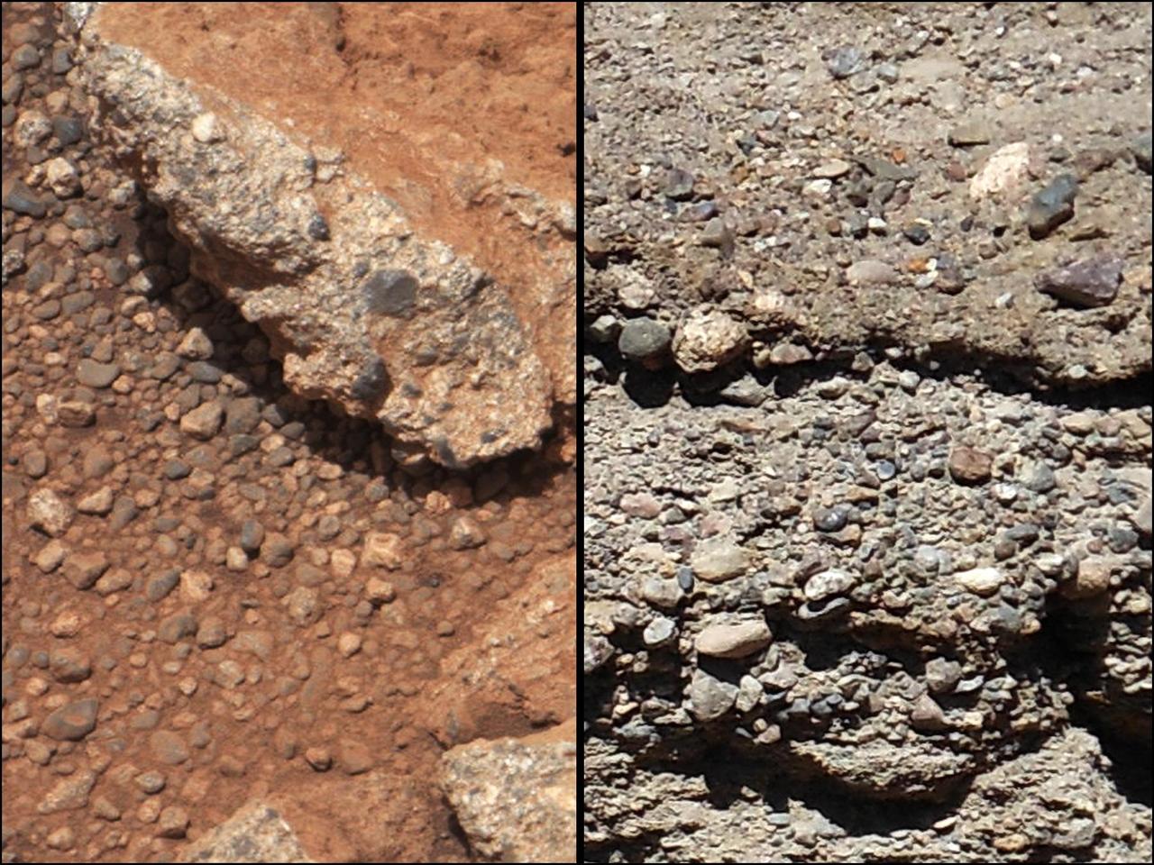 This set of images compares the Link outcrop of rocks on Mars left with similar rocks seen on Earth right. The Link outcrop shows rounded gravel fragments, or clasts, up to a couple inches few centimeters, within the rock outcrop.