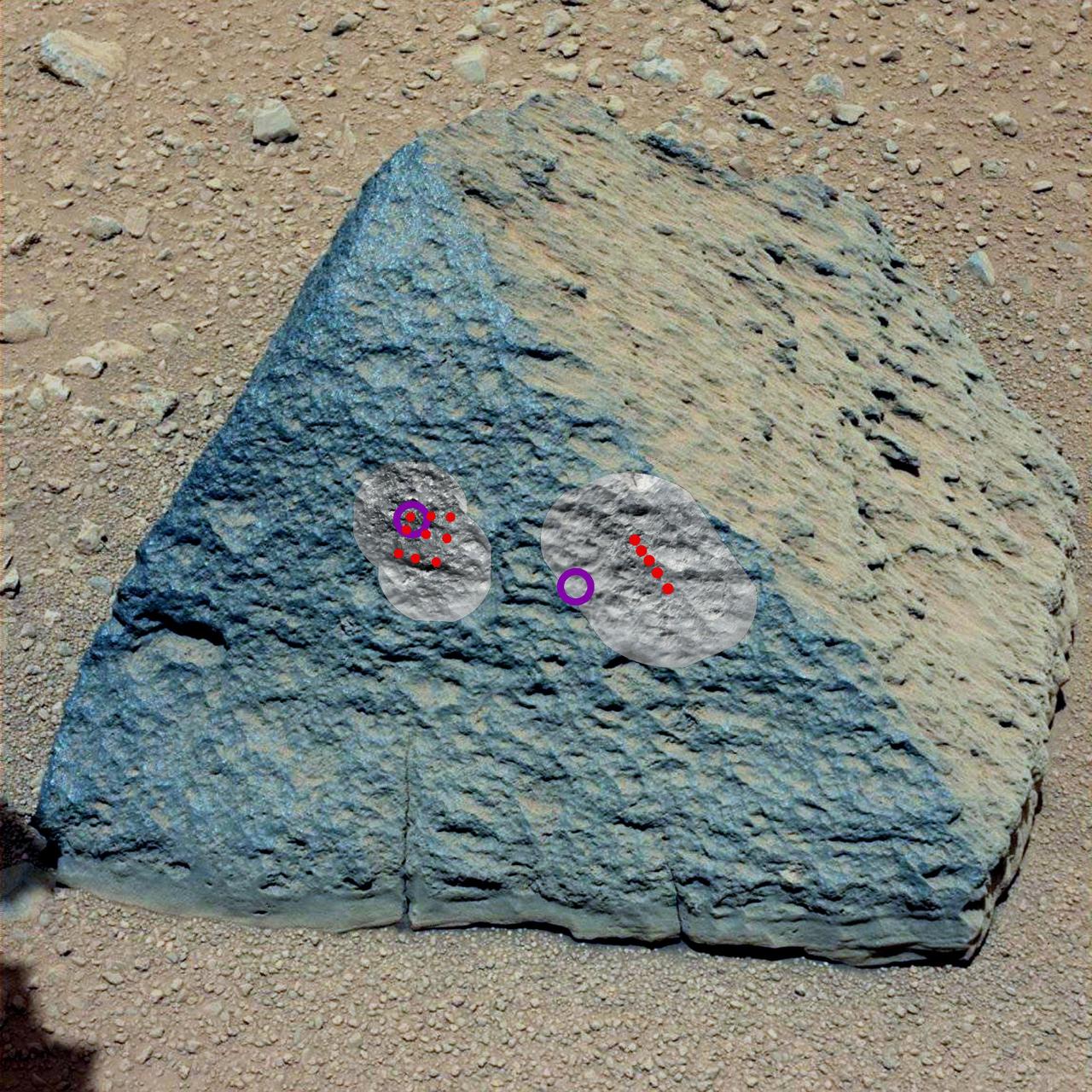 This image shows where NASA Curiosity rover aimed two different instruments to study a rock known as Jake Matijevic. The red dots are where ChemCam zapped the rock with its laser.