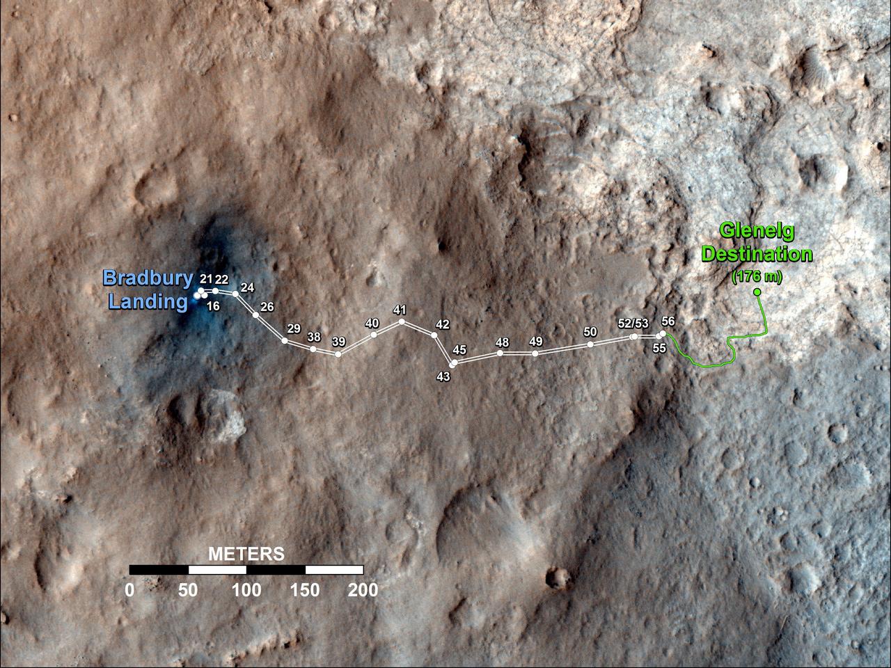 This map shows the route driven by NASA Mars rover Curiosity through the 56th Martian day, or sol, of the rover mission on Mars Oct. 2, 2012.