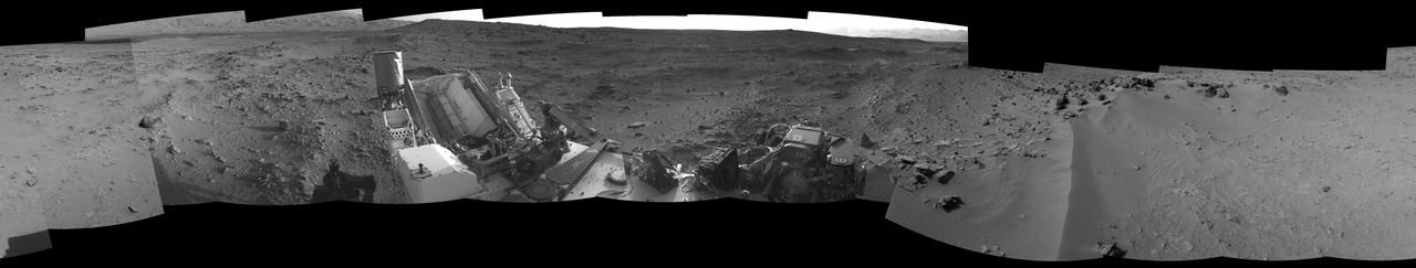 This 360-degree panorama from NASA Mars rover Curiosity shows the rocky terrain of Rocknest surrounding it as of its 55th Martian day, or sol, of the mission Oct. 1, 2012.