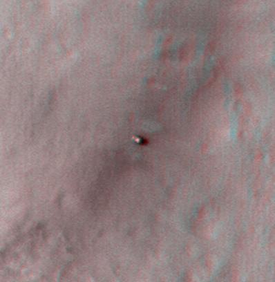 This stereo anaglyph shows NASA Mars rover Curiosity where it landed on Mars within Gale Crater, at a site now called Bradbury Landing. You need 3-D glasses to view this image.