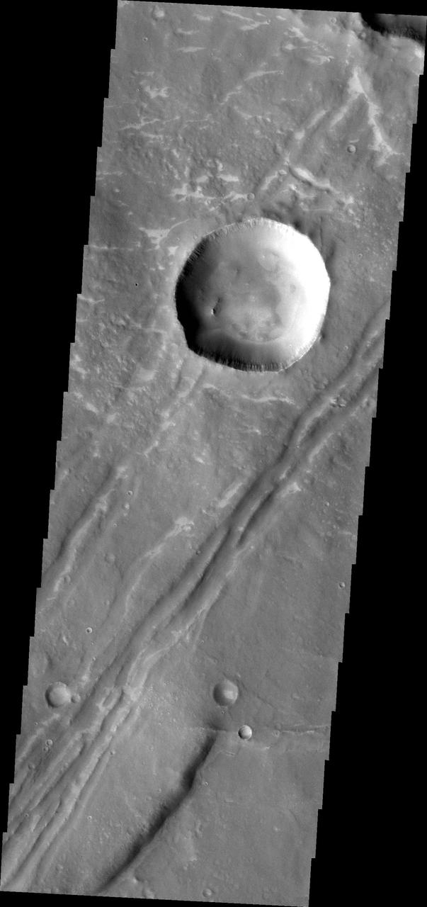 The depressions and offset ridge in this image captured by NASA Mars Odyssey spacecraft are evidence of faulting in this region of Sinai Dorsa.