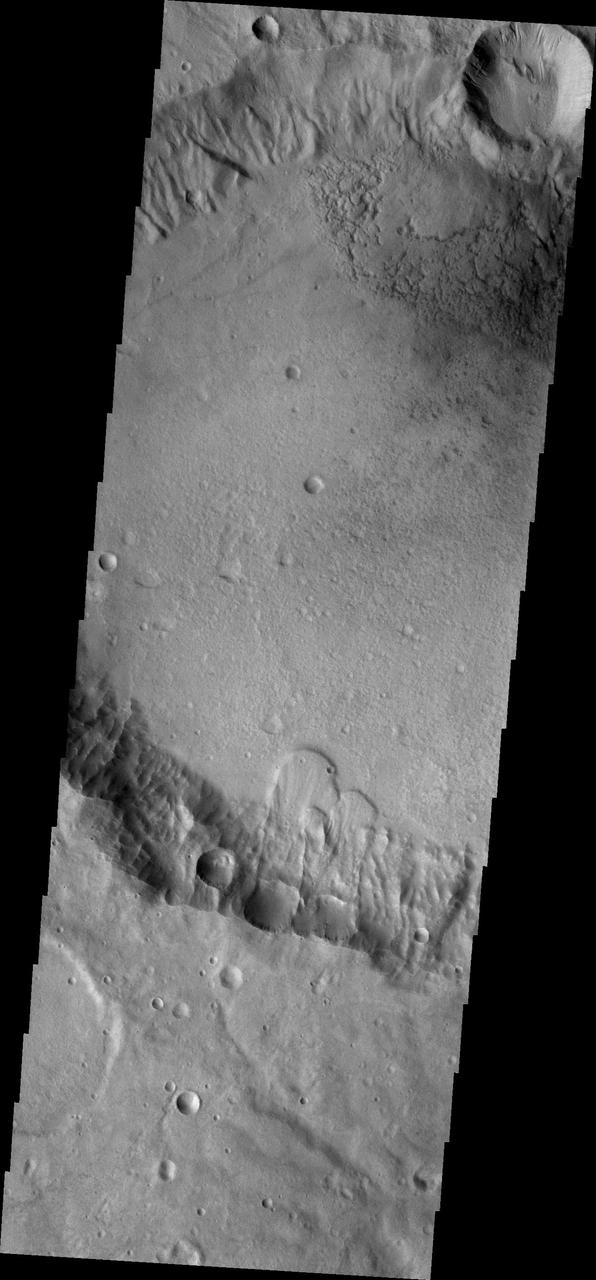 Several landslide deposits are visible in this image captured by NASA 2001 Mars Odyssey spacecraft of an unnamed crater in Terra Cimmeria.