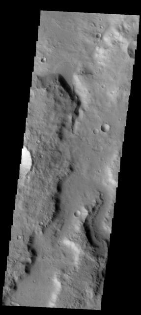 A small fan-shaped delta is located where a channel meets the floor of this unnamed crater in Terra Cimmeria, as shown in this image from NASA 2001 Mars Odyssey spacecraft.