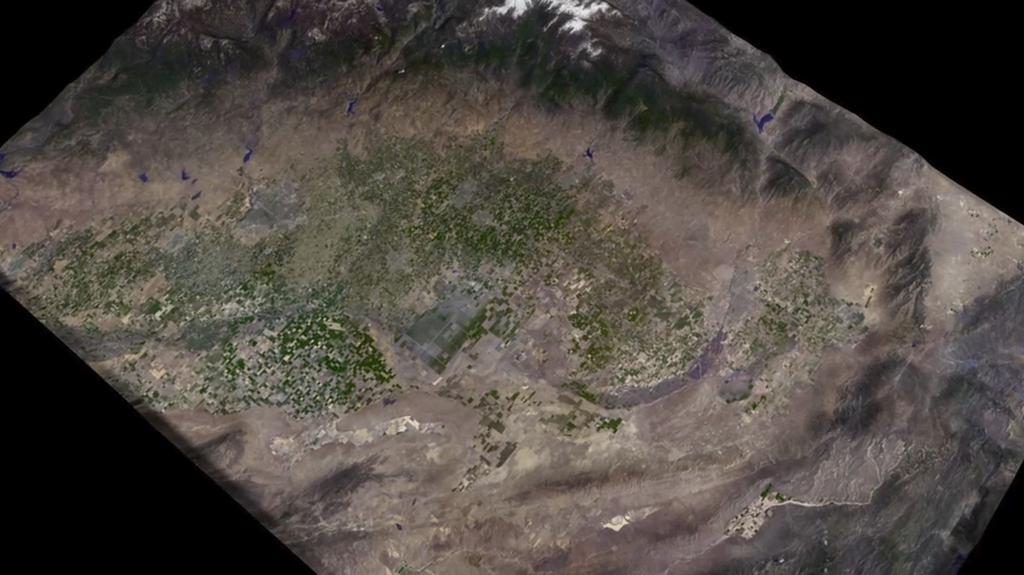 This still from an animation shows, in exaggerated terms, how the surface of the southern Central Valley of California deformed from the period 2007 to 2011.