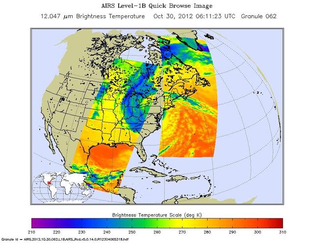 Early Tuesday, Oct. 30, 2012, Hurricane Sandy continued inland, moving to the northwest over Pennsylvania. Swaths of infrared measurements taken over two orbits of NASA Aqua satellite by the Atmospheric Infrared Sounder are displayed here.