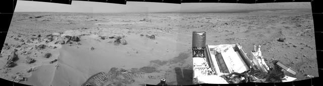 NASA Mars rover Curiosity drove 6.2 feet 1.9 meters during the 100th Martian day, or sol, of the mission Nov. 16, 2012. The view spans from north at the left to south-southeast at the right. It is presented in a cylindrical projection.