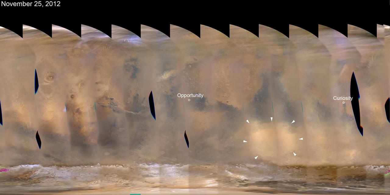 A regional dust storm visible in the southern hemisphere of Mars in this nearly global mosaic of observations made by the Mars Color Imager on NASA Mars Reconnaissance Orbiter on Nov. 25, 2012, has contracted from its size a week earlier.