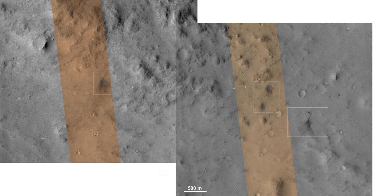 These images from the NASA Mars Reconnaissance Orbiter show several impact scars on Mars made by pieces of the NASA Mars Science Laboratory spacecraft that the spacecraft shed just before entering the Martian atmosphere.