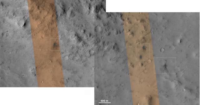 NASA image: Impact Scars from MSL Cruise Stage and Two Balance Weights