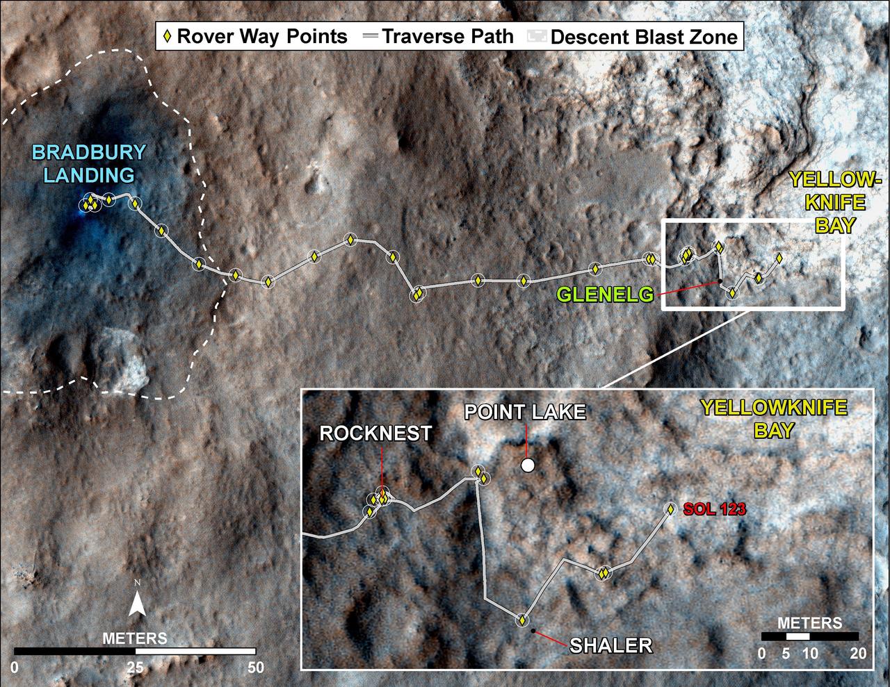 This map traces where NASA Mars rover Curiosity drove between landing at a site subsequently named Bradbury Landing, and the position reached during the mission 123rd Martian day, or sol, Aug. 10, 2012.