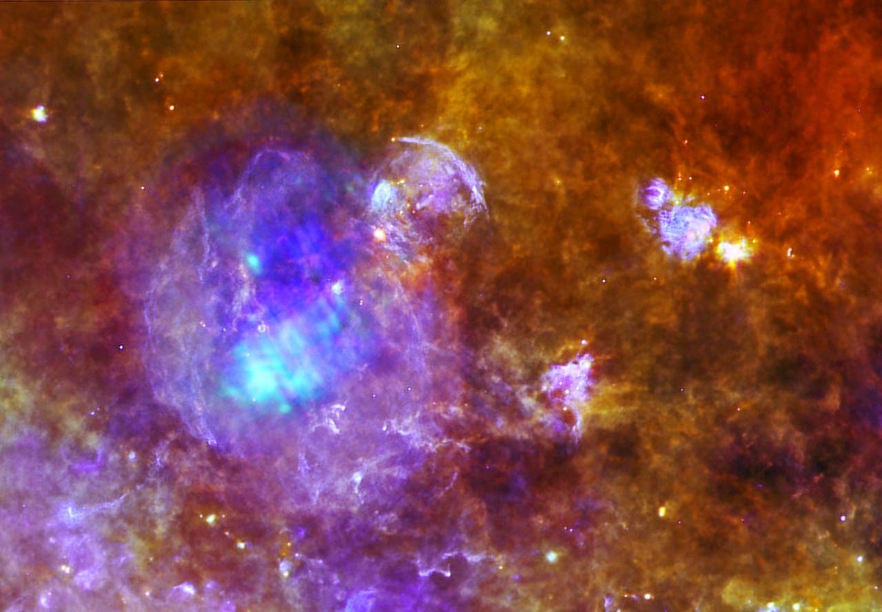 W44 is located around 10,000 light-years away, within a forest of dense star-forming clouds in the constellation of Aquila, the Eagle. This image combines data from ESA Herschel and XXM-Newton space observatories.