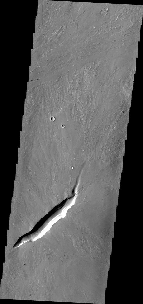 The linear depression in this image from NASA 2001 Mars Odyssey spacecraft is a volcanic vent in the lava plains east of Pavonis Mons.