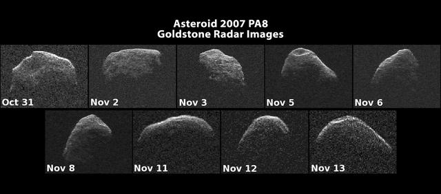 Images of asteroid 2007 PA8 have been generated with data collected by NASA Goldstone Solar System Radar. The images of 2007 PA8 reveal possible craters, boulders, an irregular, asymmetric shape, and very slow rotation.