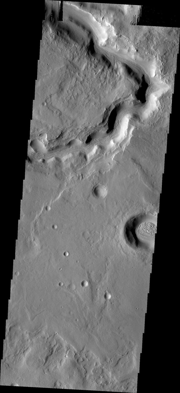 This image captured by NASA 2001 Mars Odyssey spacecraft shows a portion of an unnamed channel near Auqakuh Vallis.