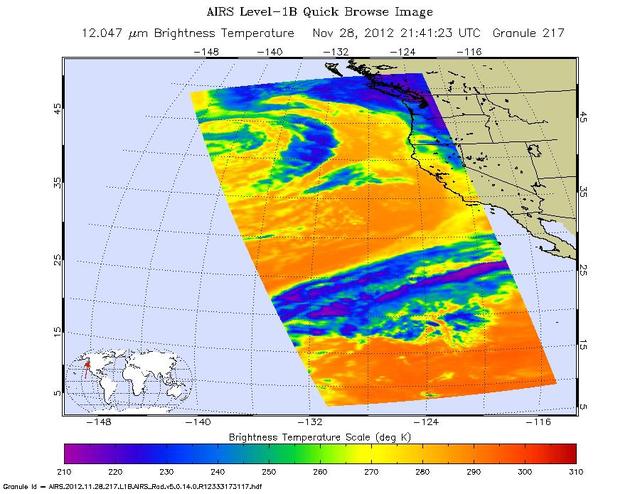 NASA Aqua spacecraft captured this infrared image of the first of a series of storms approaching the Pacific Northwest at 2141 UTC 1:41 p.m. PST on Nov. 28, 2012, marking the beginning of an atmospheric river event.