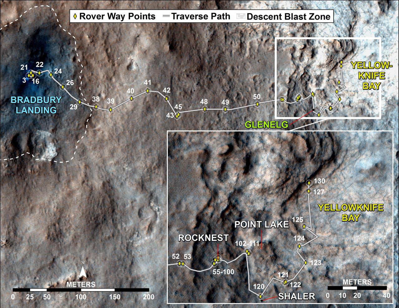 This map traces where NASA Mars rover Curiosity drove between landing at a site subsequently named Bradbury Landing, where the rover entered a shallow depression called Yellowknife Bay on Sol 125 Dec.12.