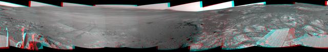 This full-circle, 3-D panorama shows the terrain around the NASA Mars Exploration Rover Opportunity on part of a relatively flat, light-toned outcrop called Whitewater Lake. The basin of Endeavour Crater is in the left half of the image.