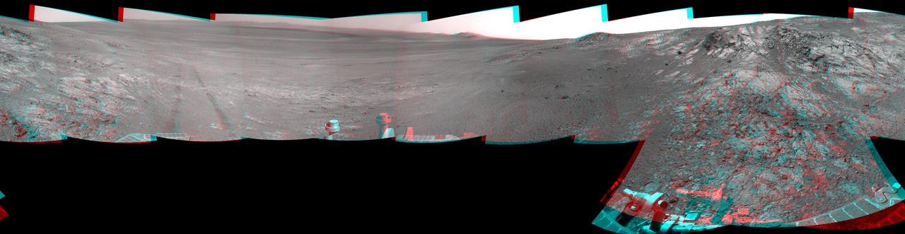 This full-circle, stereo panorama shows the terrain around the NASA Mars Exploration Rover Opportunity during the 3,105th Martian day, or sol, of the rover's work on Mars (Oct. 18, 2012). It was assembled from images taken by the rover's navigation camera. The view appears in three dimensions when viewed through red-blue glasses with the red lens on the left.      South is at the center. North is on both ends.      Opportunity had driven about 61 feet (18.5 meters) westward earlier on Sol 3105 to reach this location, which is on the northern portion of "Matijevic Hill" on the "Cape York" segment of the western rim of Endeavour Crater. The wheel tracks created by the drive are visible. For scale, the distance between the two parallel tracks is about 3.3 feet (1 meter).      The basin of Endeavour Crater is in the left half of the image. Opportunity has been working on the western rim of Endeavour since mid-2011.      The stereo panorama is presented as a cylindrical-perspective projection.   http://photojournal.jpl.nasa.gov/catalog/PIA16559
