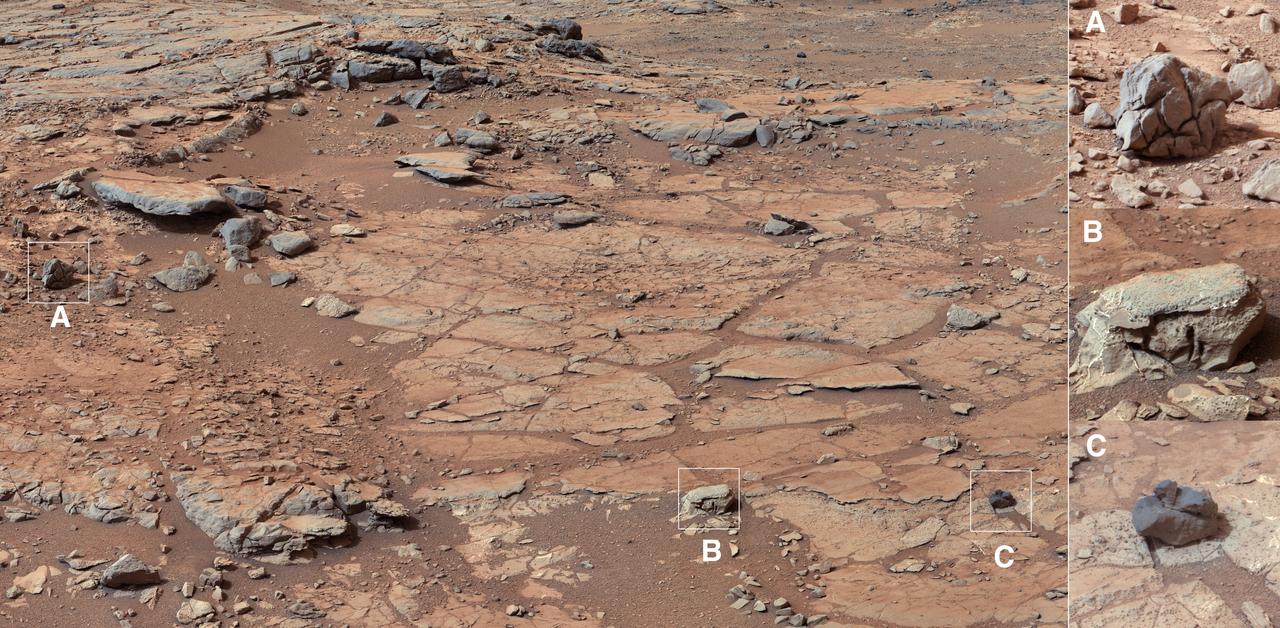 The right Mast Camera Mastcam of NASA Curiosity Mars rover provided this contextual view of the vicinity of the location called John Klein, selected as Curiosity first drilling site.